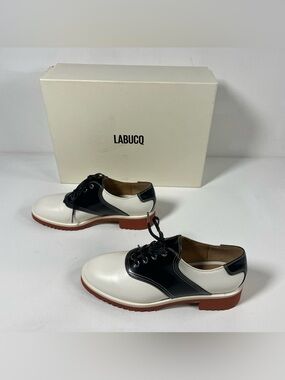 LABUCQ Saddle Oxford Shoes White Black Leather Made In Italy Womens EU 37 US 7